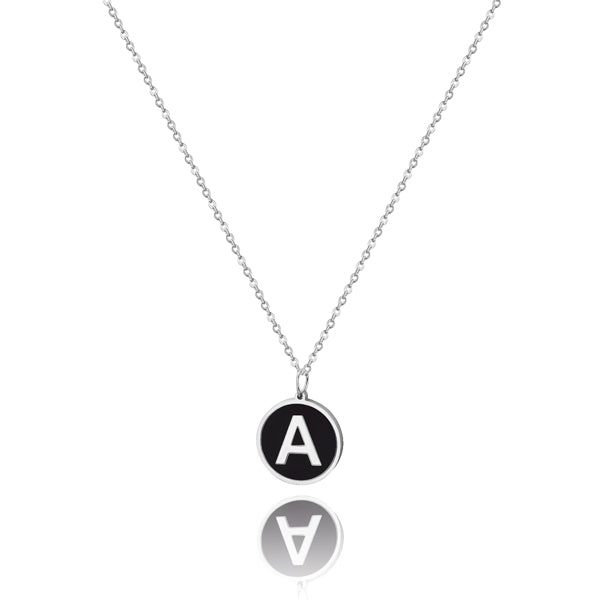 Silver and black round initial coin pendant necklace