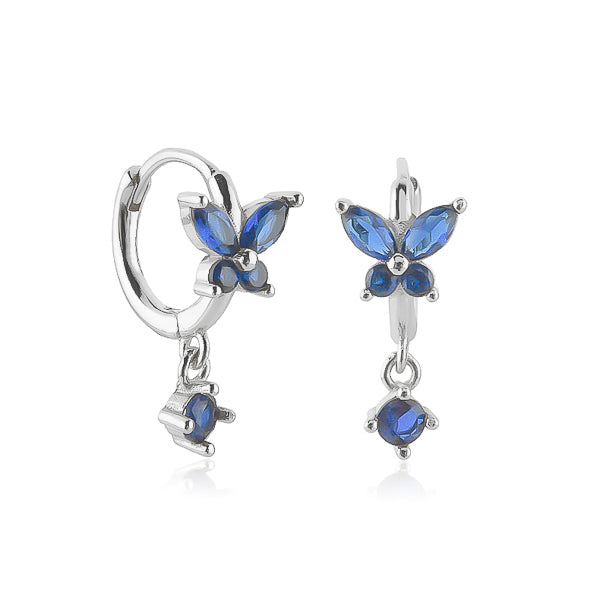 Silver and blue crystal butterfly huggie hoop earrings