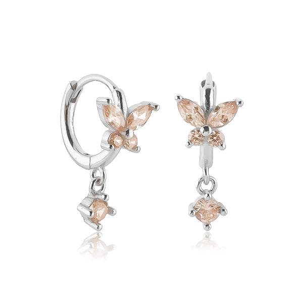 Silver and champagne crystal butterfly huggie hoop earrings