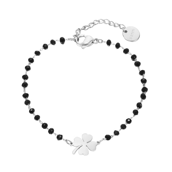 Silver clover bracelet with black beads