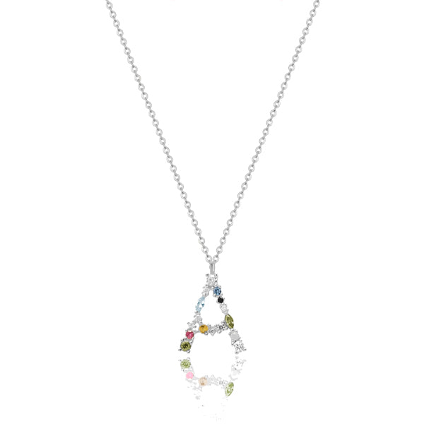 Silver colorful stone initial letter necklace