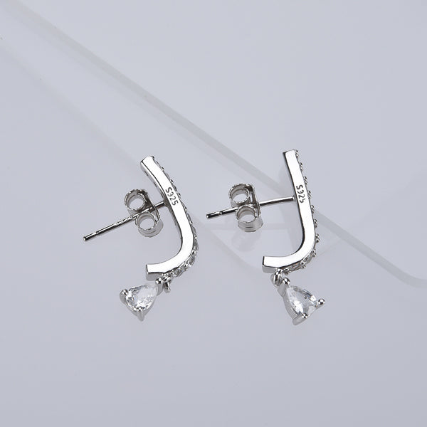 Silver curved bar earrings with teardrop charm
