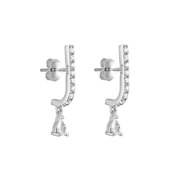 Silver curved bar teardrop CZ earrings