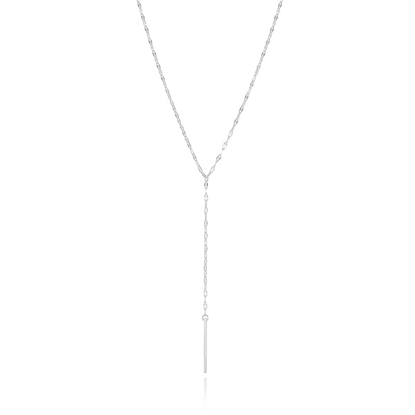 Silver drop lariat necklace with a vertical bar pendant