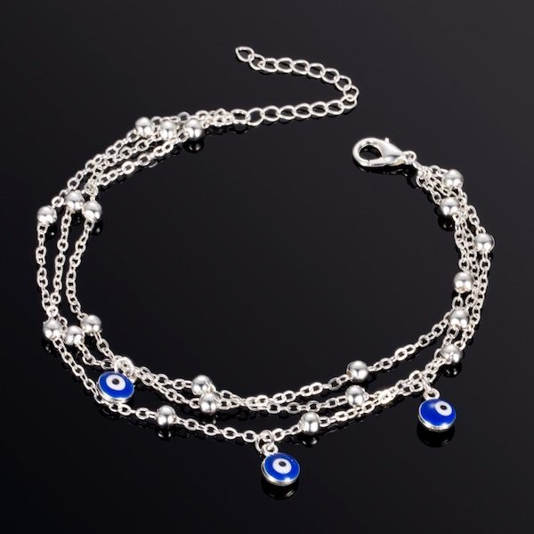 Silver layered evil eye anklet for women