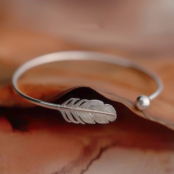 Silver-plated feather open bangle cuff bracelet