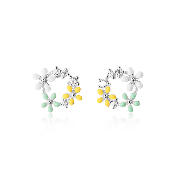 Silver flower circle stud earrings
