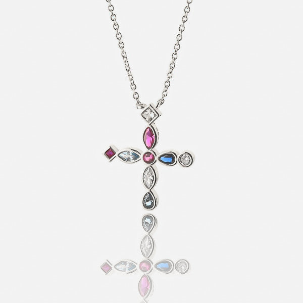 Silver Greek crystal cross necklace details
