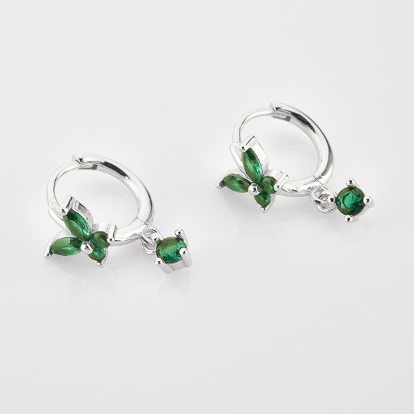Silver and green crystal butterfly huggie hoop earrings details