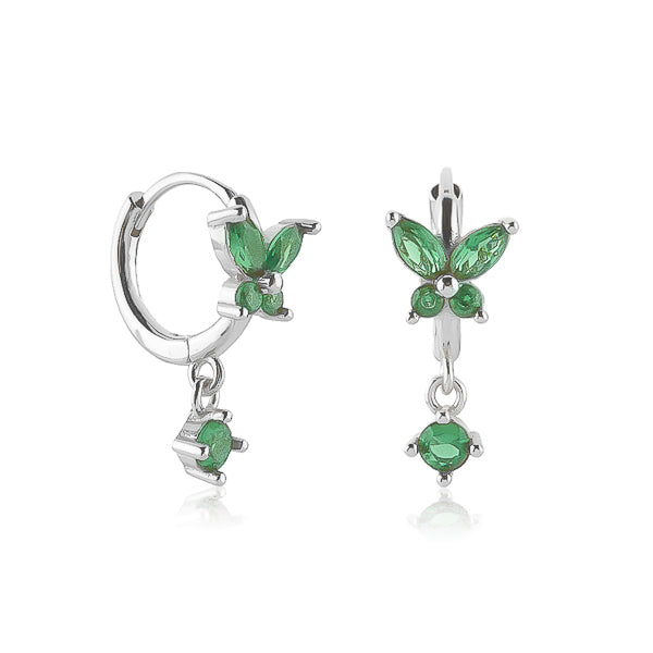 Silver and green crystal butterfly huggie hoop earrings