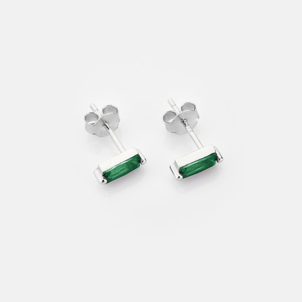 Silver and green mini baguette cubic zirconia stud earrings details