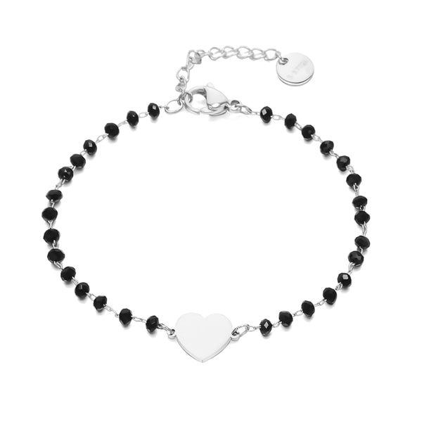 Silver heart bracelet with black beads