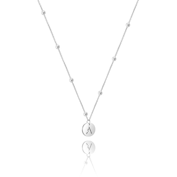 Silver initial disc necklace with beads