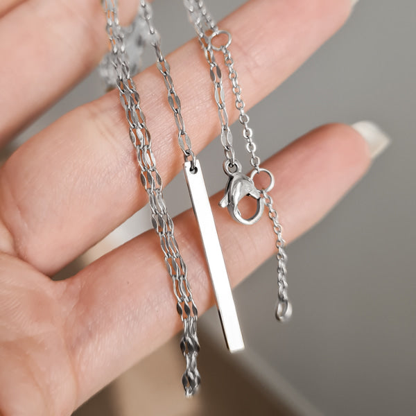 Silver lace chain drop bar lariat necklace