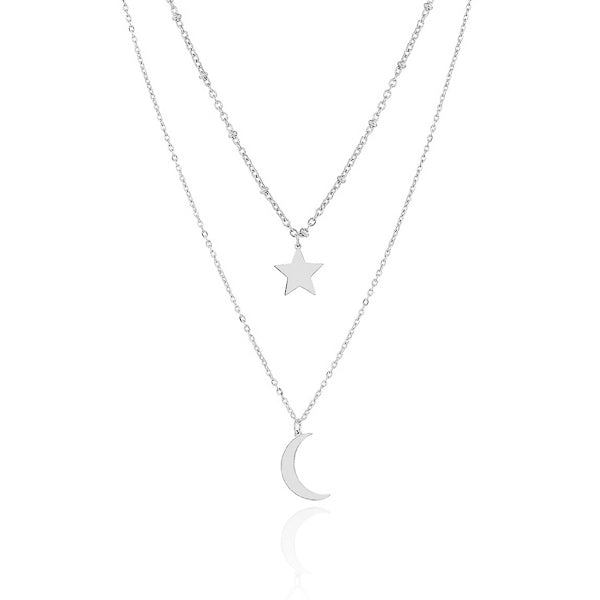 Silver layered star and moon necklace