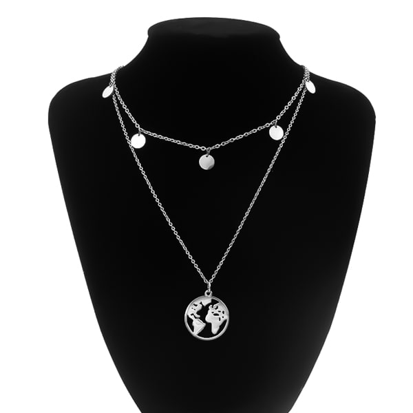 Silver two-layer necklace with round world pendant and dangling coin pendants