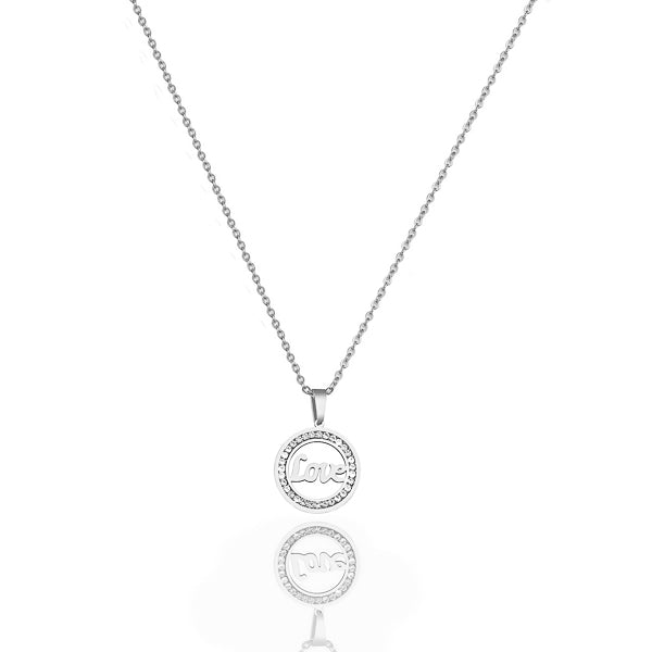 Classy Women Silver Crystal Love Coin Pendant Necklace