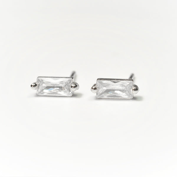 Silver mini baguette cubic zirconia stud earrings details