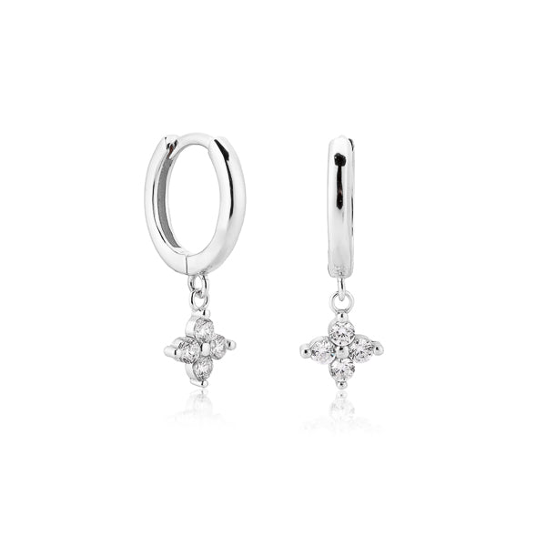 Silver mini flower huggie hoop drop earrings