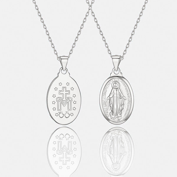 Silver Miraculous Medal necklace details
