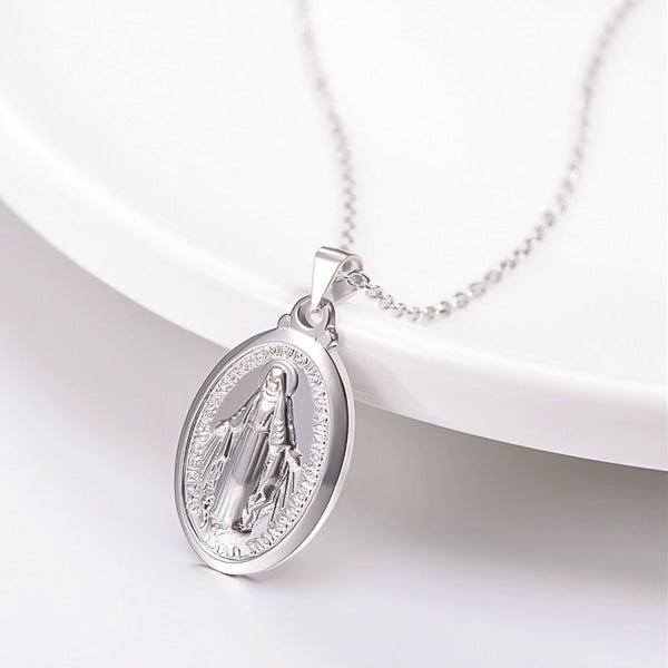 Silver Miraculous Medal necklace display