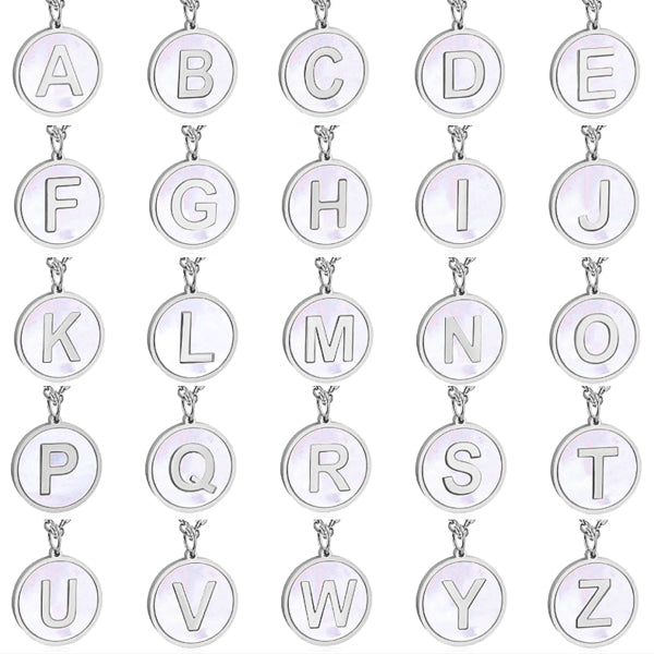 Round Mother of Pearl silver initial letter pendants for necklace