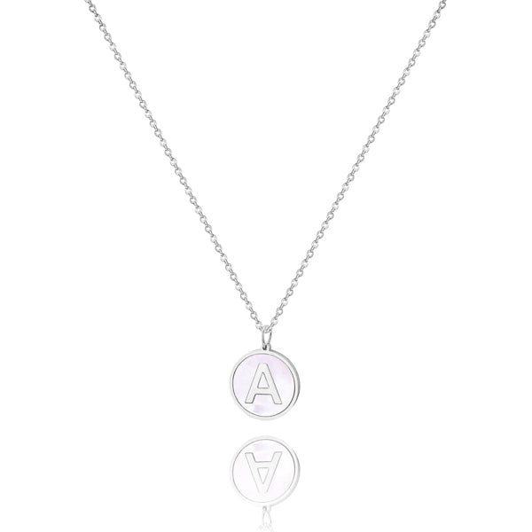 Silver and pearly white round initial coin pendant necklace