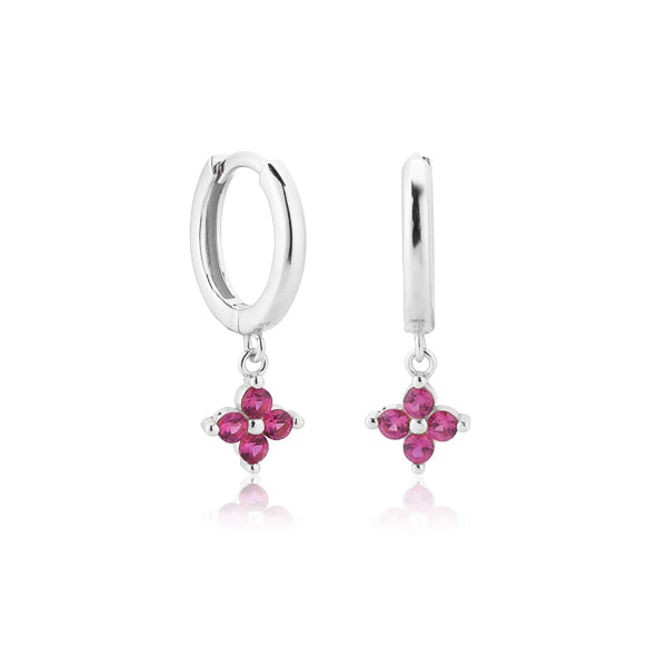 Silver and pink mini flower huggie hoop drop earrings