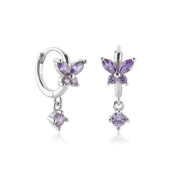 Silver and purple crystal butterfly huggie hoop earrings