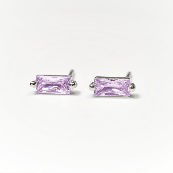 Silver and light purple mini baguette cubic zirconia stud earrings details