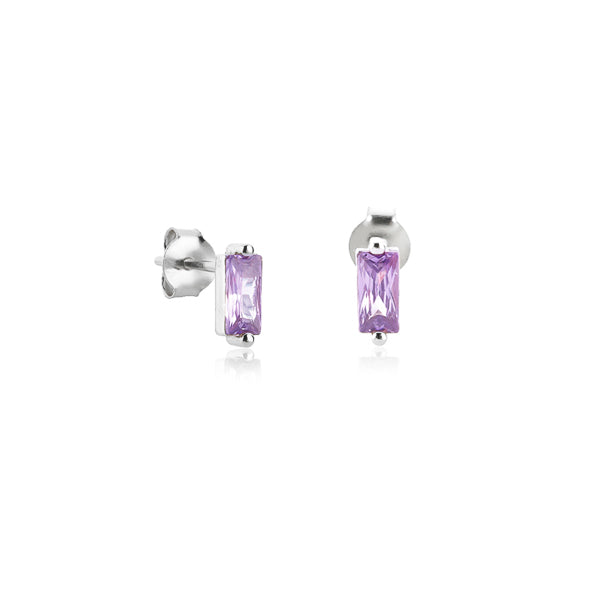 Silver and light purple mini baguette cubic zirconia stud earrings
