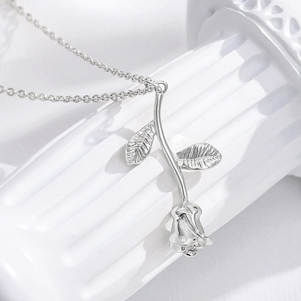 3D silver rose flower pendant necklace