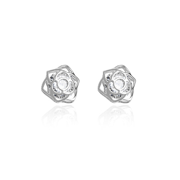 Silver crystal rose flower earrings