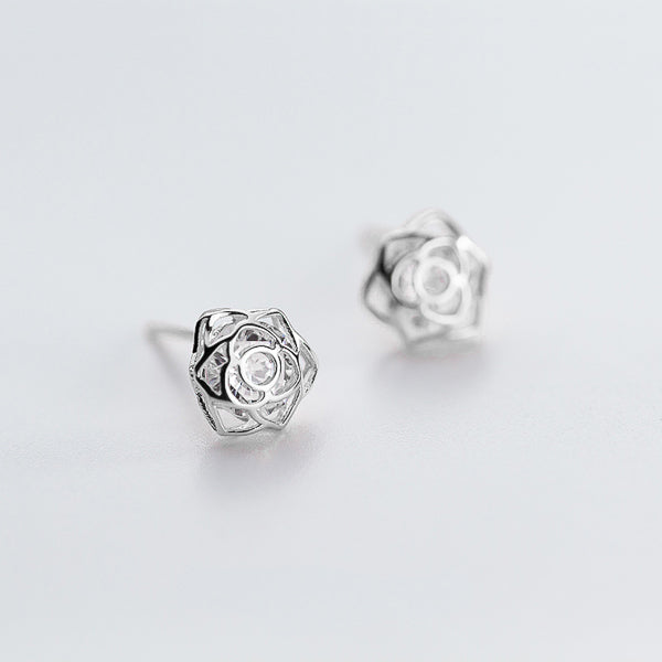Silver crystal rose flower stud earrings