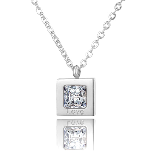 Square silver pendant necklace with cubic zirconia stone