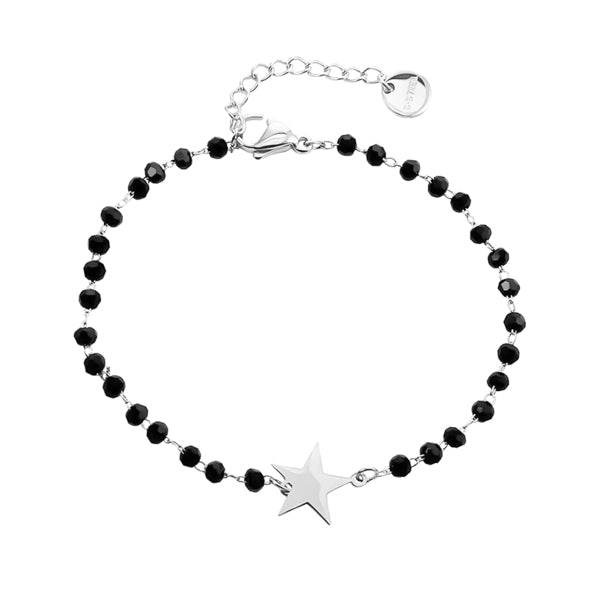 Silver star bracelet with black beads