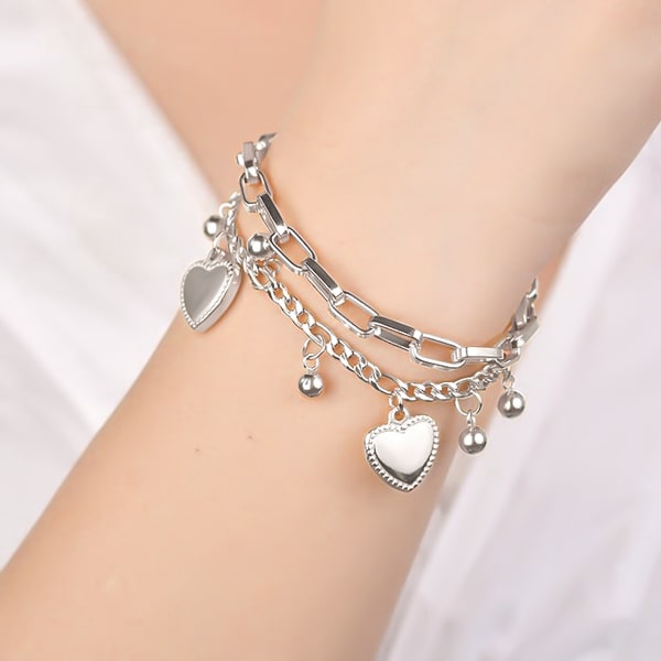 Silver two-layer heart charm bracelet
