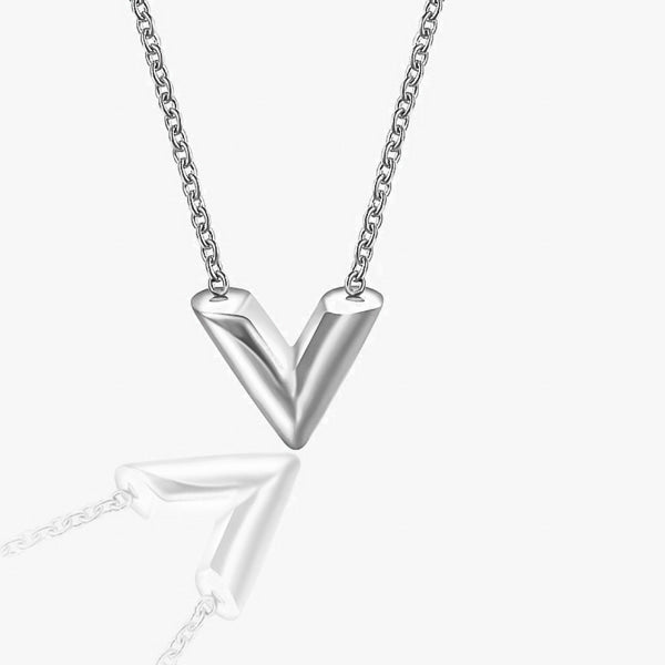Silver V necklace display