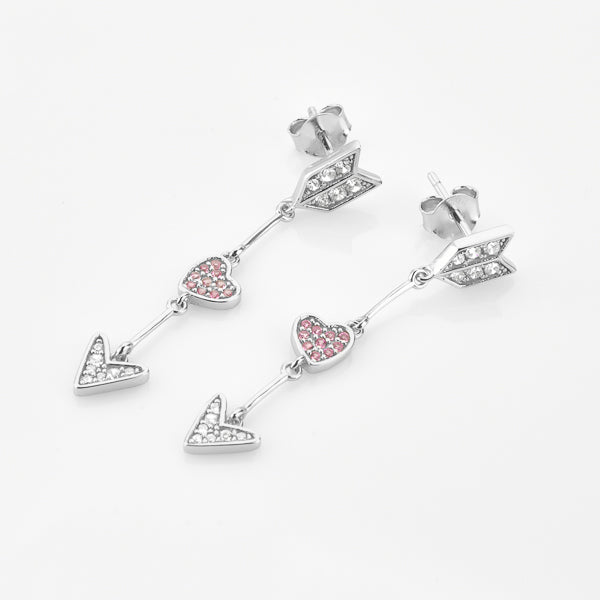 Silver arrow heart drop earrings details