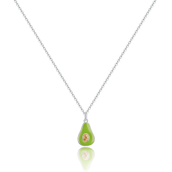 Green avocado fruit pendant on a silver necklace