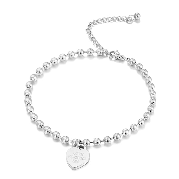 Silver beaded heart charm anklet