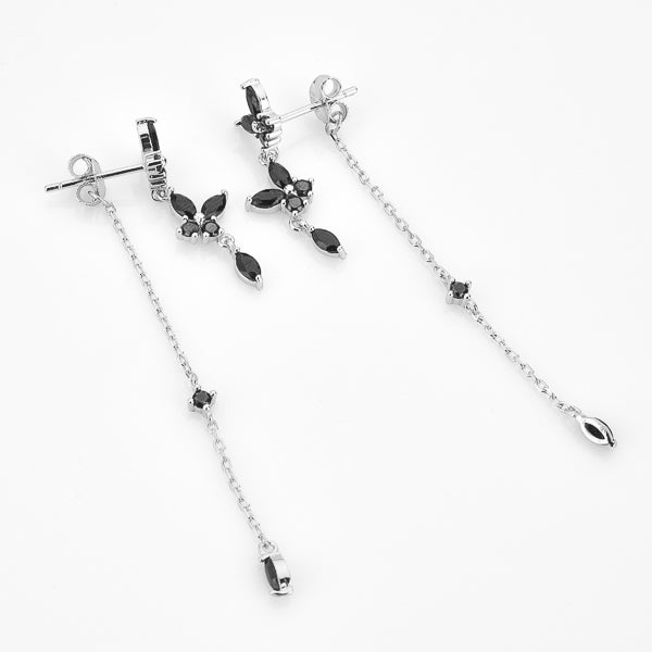 Silver black butterfly drop chain earrings details