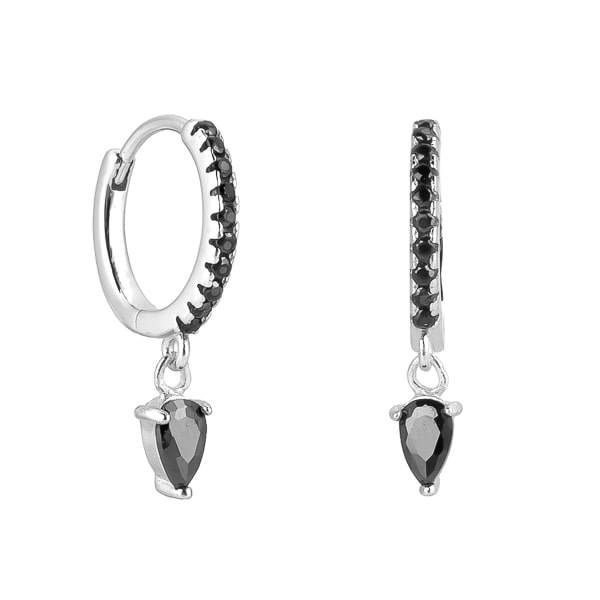 Silver black crystal huggie teardrop earrings