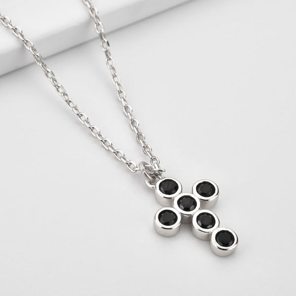 Silver rounded cross necklace with black crystals details