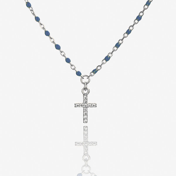 Silver necklace with blue beads and a crystal cross details