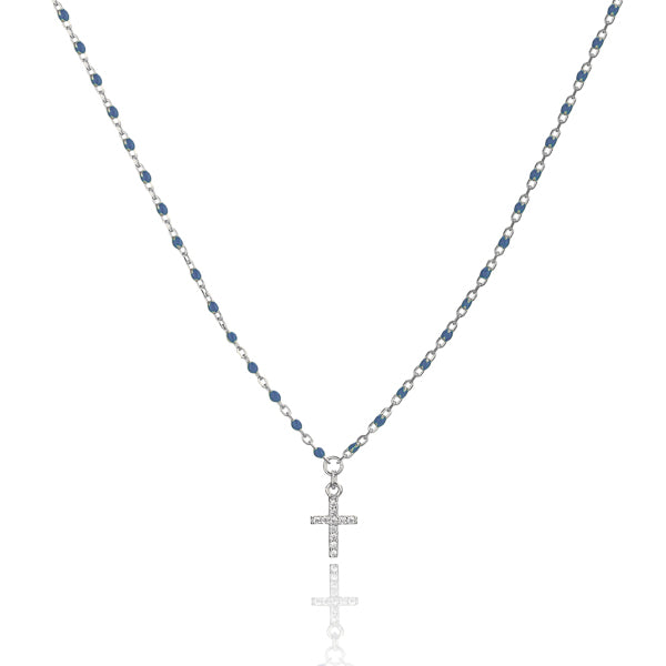 Silver necklace with blue beads and a crystal cross