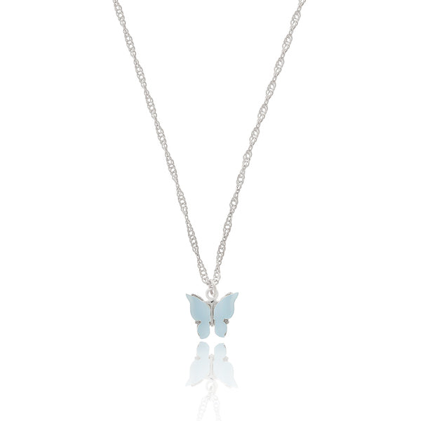 Blue butterfly pendant on a silver necklace