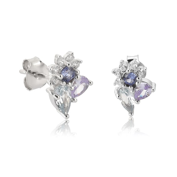 Silver blue floral crystal cluster stud earrings
