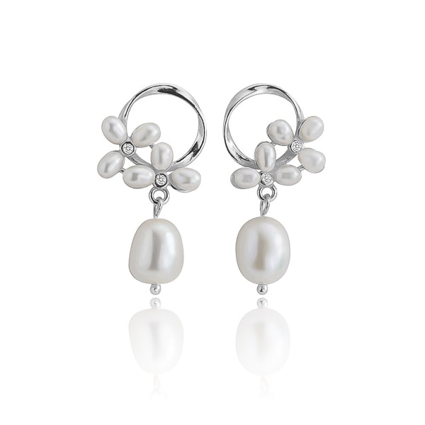 Silver circle pearl drop stud earrings