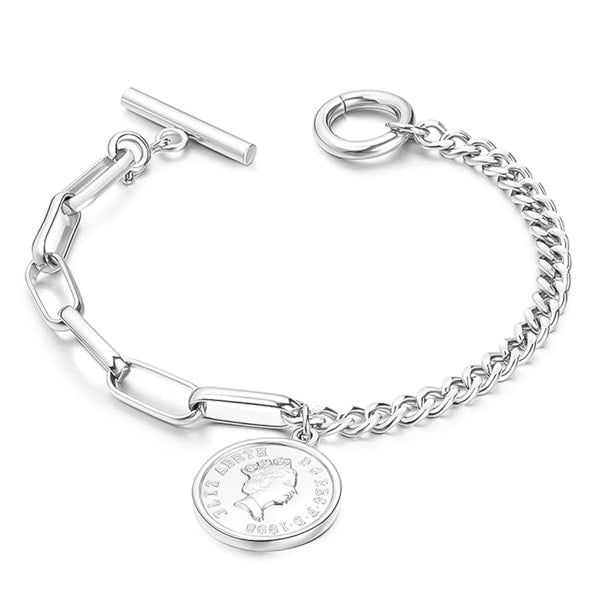 Silver coin and dual chain bracelet